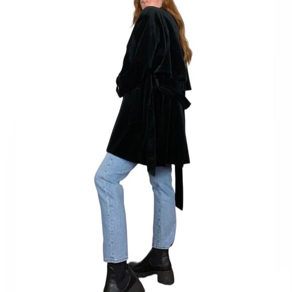 Vintage 70s Black Faux Velvet Oversized Large Peacoat Style Winter Jacket Coat - Picture 3 of 11
